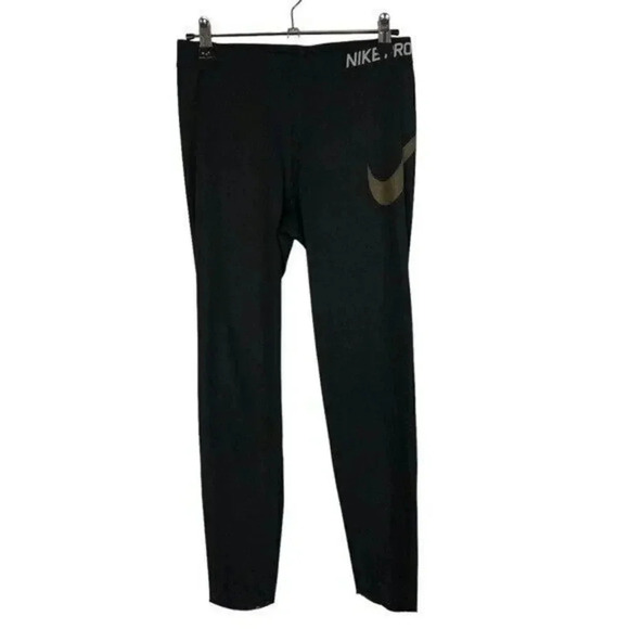Nike Pro Black Metallic Swoosh Crop Compression Athletic Pants M - Picture 2 of 4